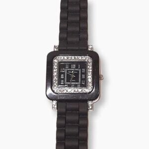 3/$20 NOUVEAU Quartz Wrist Watch Rhinestone Square Dial Adjustable Silicone Ba…